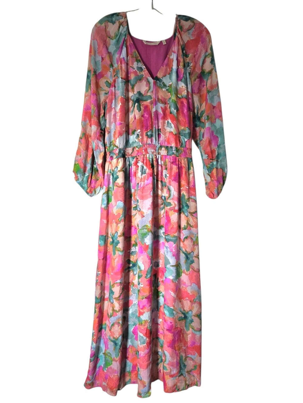 Soft Surroundings Evalina Floral Watercolor Maxi Dress Smocked Waist Pockets